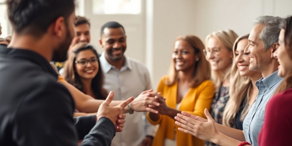 Couple holding hands, diverse people in background.