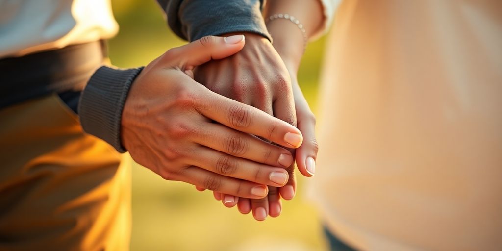 Couple holding hands, diverse, smiling, warm lighting.
