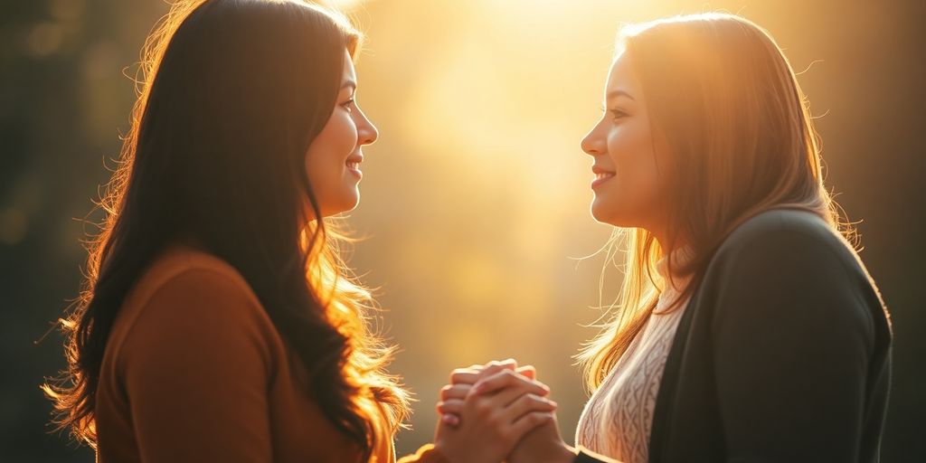 Couple holding hands, eyes meeting, surrounded by soft light.