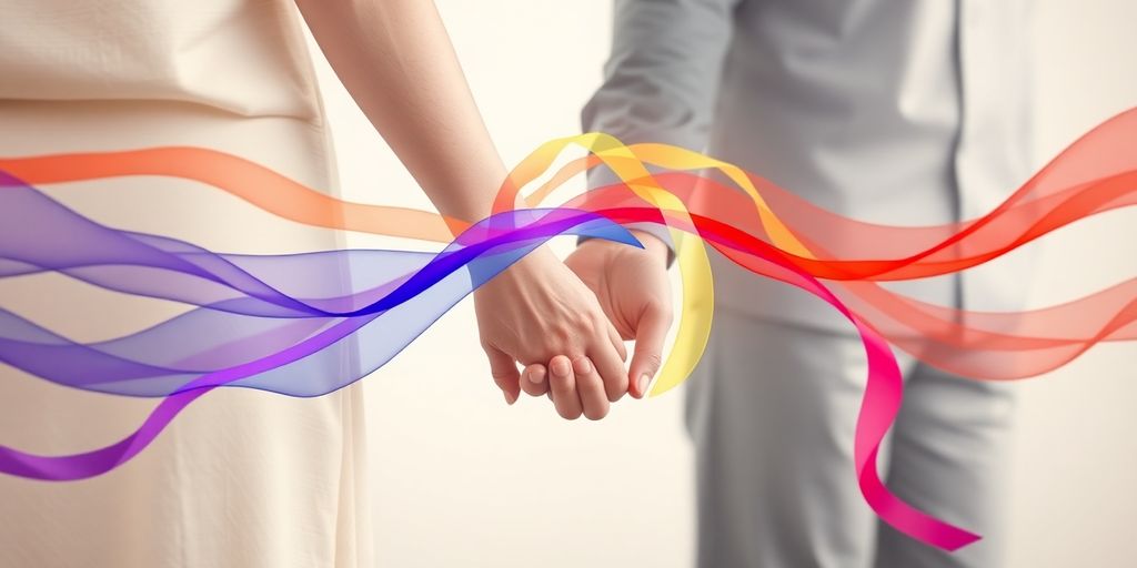 Couple holding hands, intertwined with abstract colorful ribbons.