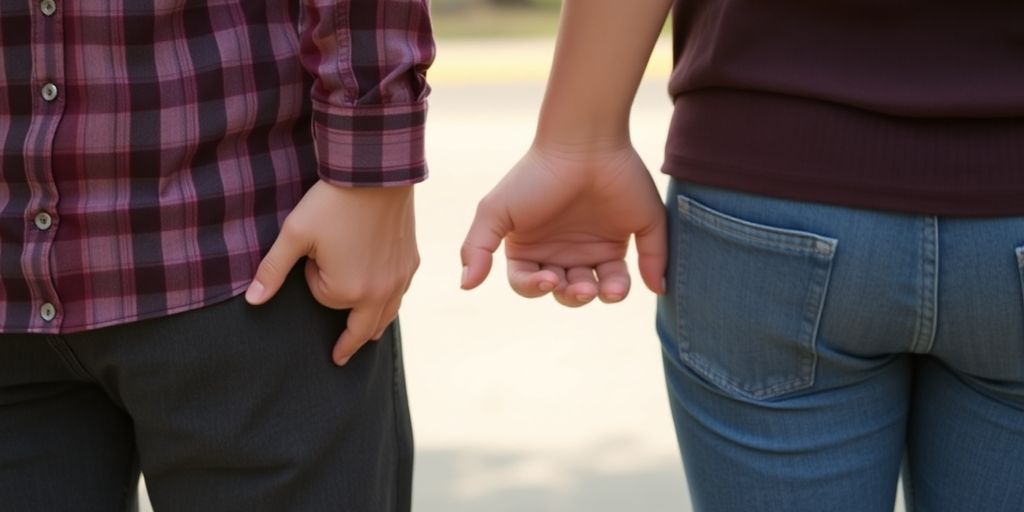 Couple holding hands, one partner looks at another couple.