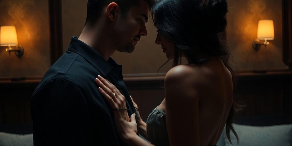 Couple in a dimly lit room, connected by restraints.