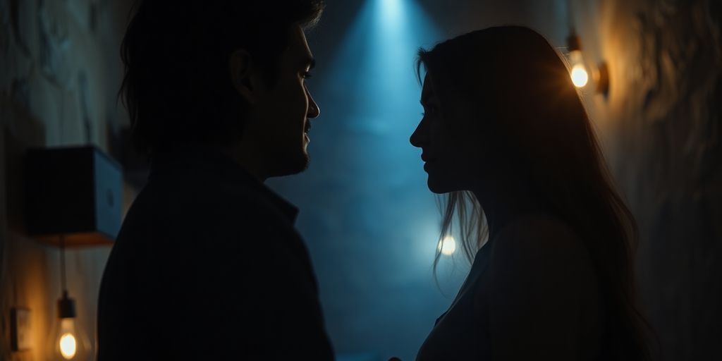 Couple in a dimly lit room, engaged in a consensual kink scene.