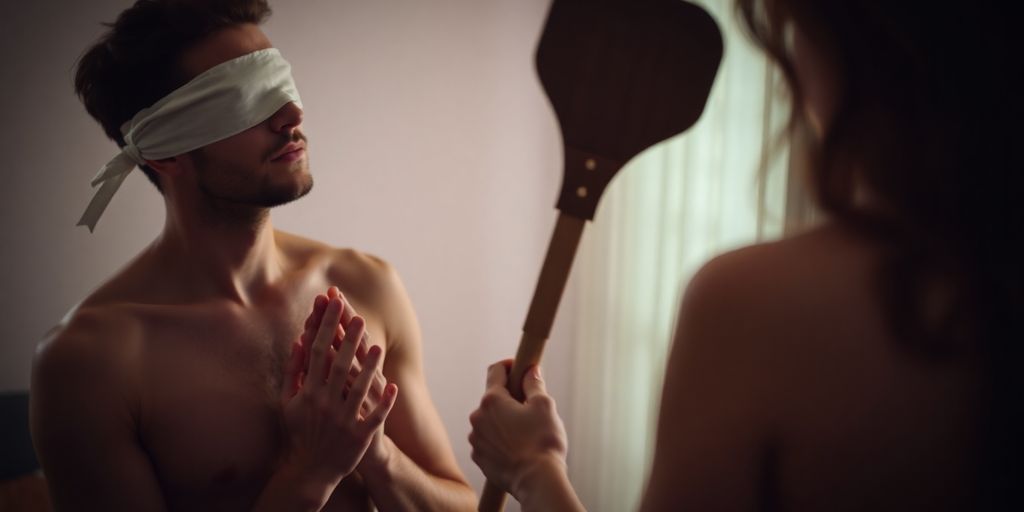 Couple in a dimly lit room, one partner blindfolded.