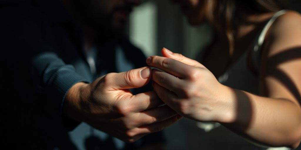 Couple in a dimly lit room, one partner gently restraining the other.
