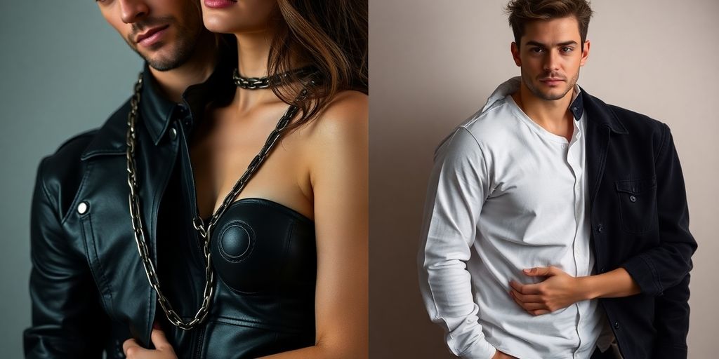 Couple in contrasting intimate attire.