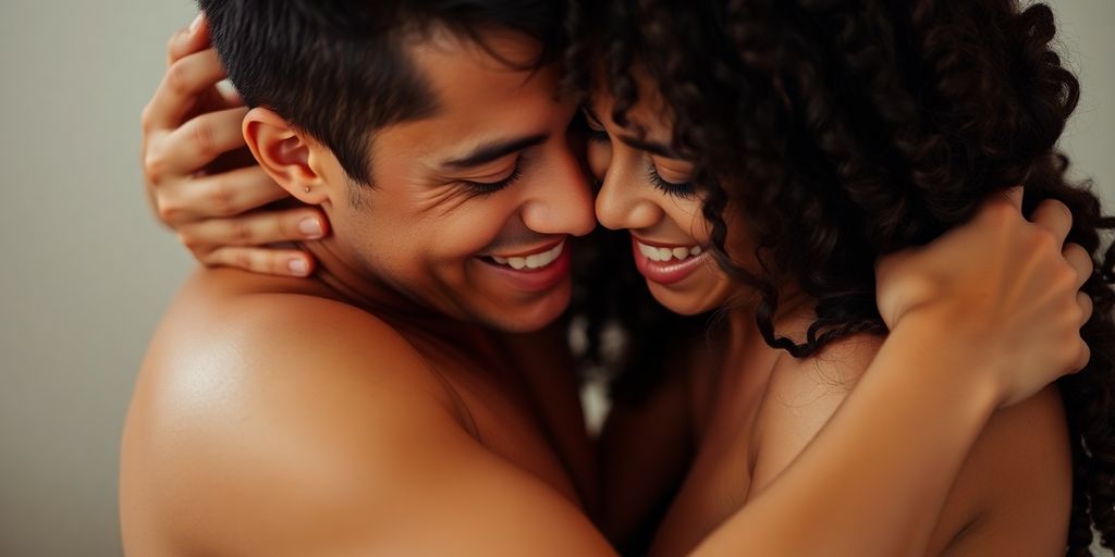 Couple in intimate embrace, close-up.