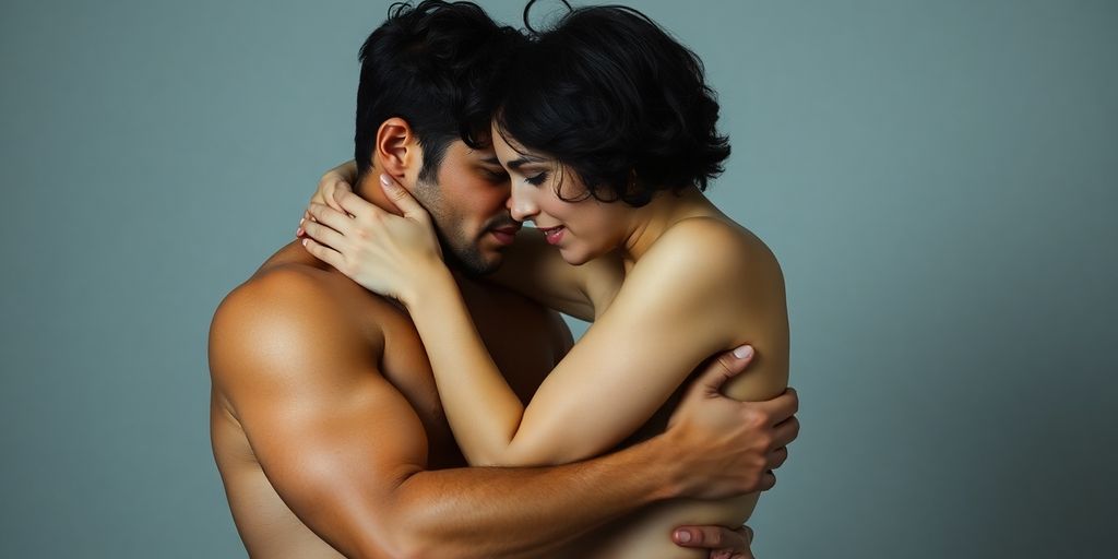 Couple in intimate embrace, one dominant, one submissive.