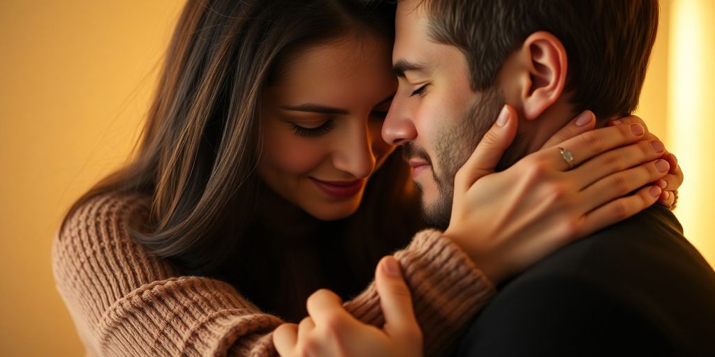 Couple in intimate embrace with soft lighting.