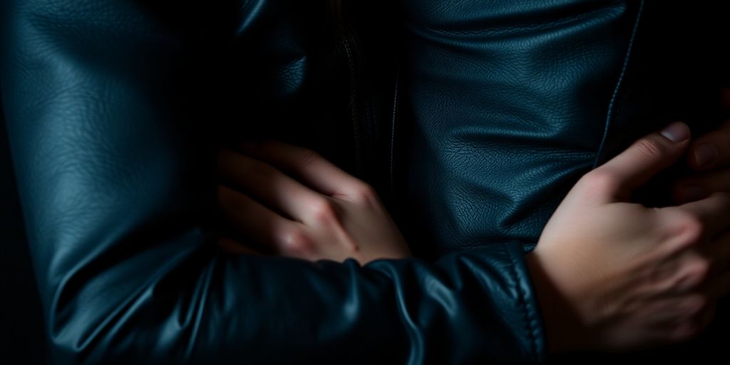 Couple in leather embracing, dim lighting.