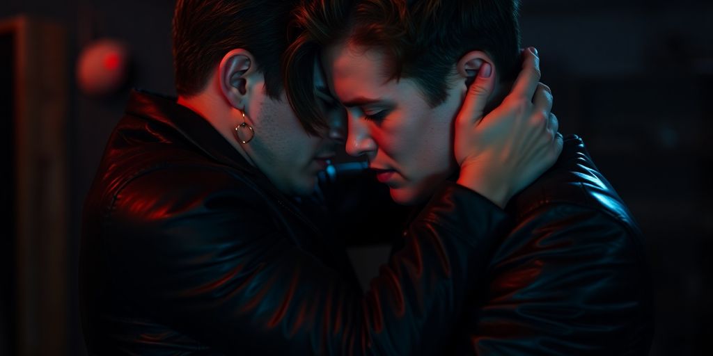 Couple in leather embracing in dimly lit room.