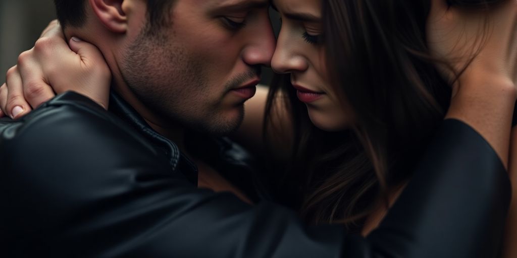 Couple in leather embracing, intense expressions.