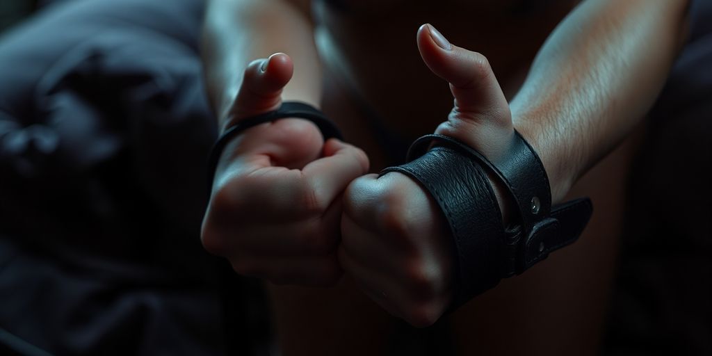 Couple in leather restraints, bedroom setting.