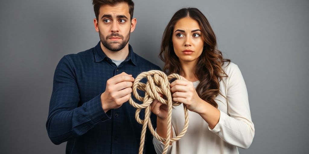 Couple looking confused at a tangled rope.