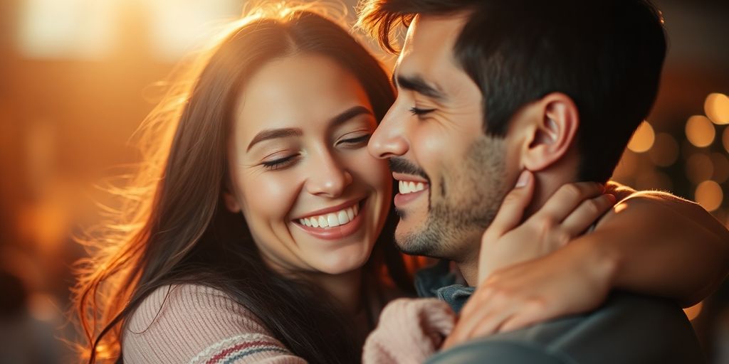 Couple playfully embracing with soft lighting.