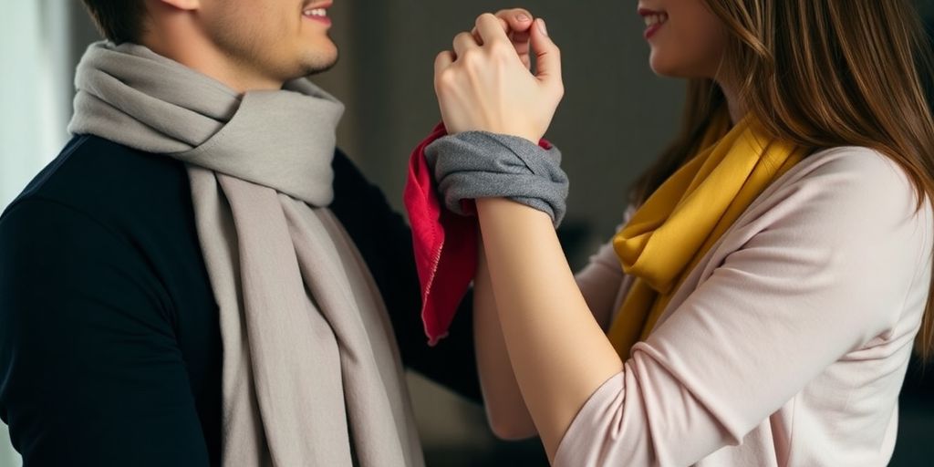 Couple playfully engaging with soft restraints.