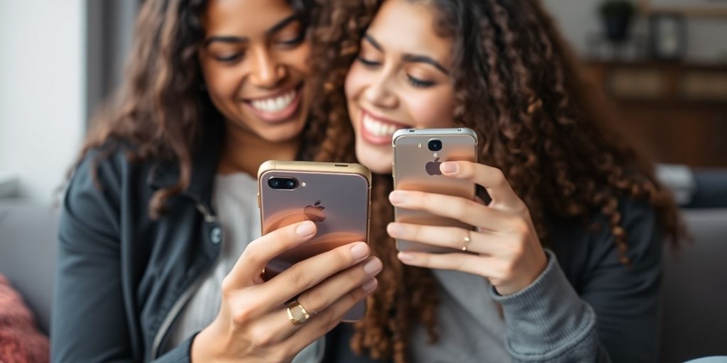 Couple playfully holding phones, diverse backgrounds.
