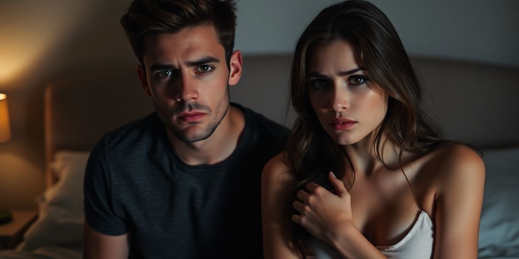 Couple preparing for a threesome, looking concerned.