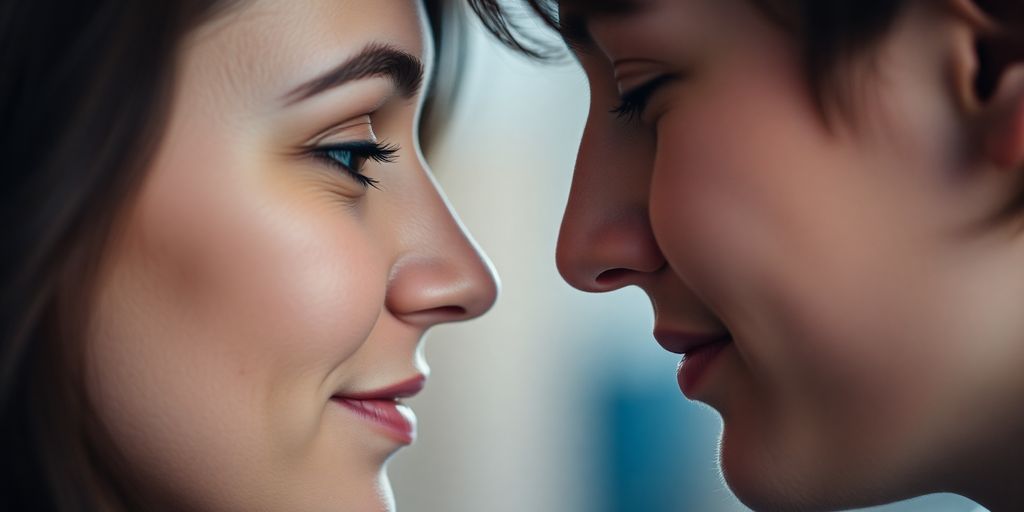 Couple sharing a gentle moment, faces close.