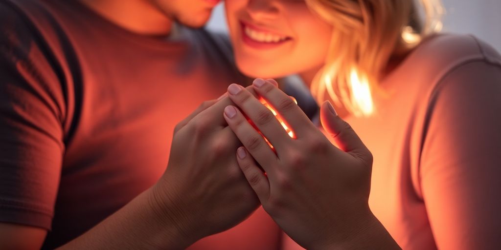 Couple sharing a tender moment, hands gently touching.