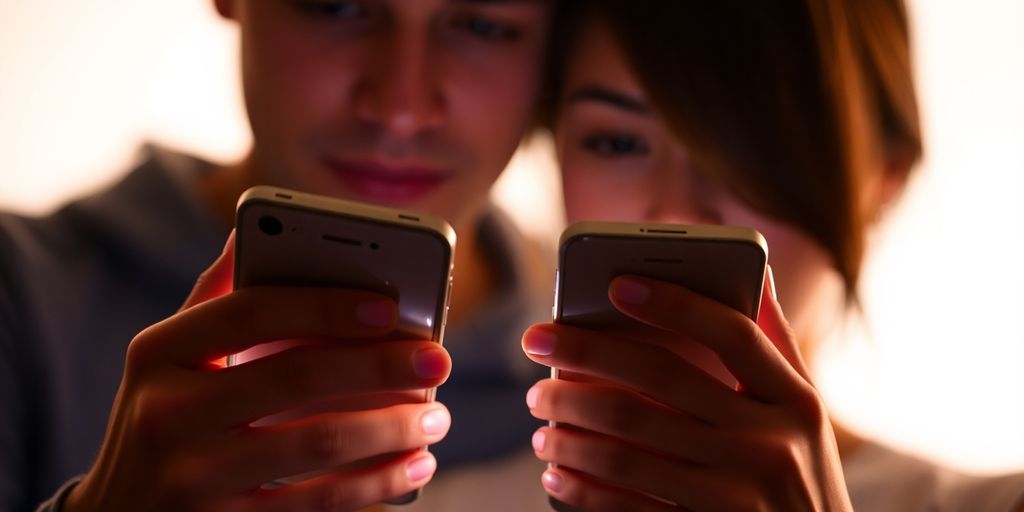 Couple sharing intimate messages on phones.