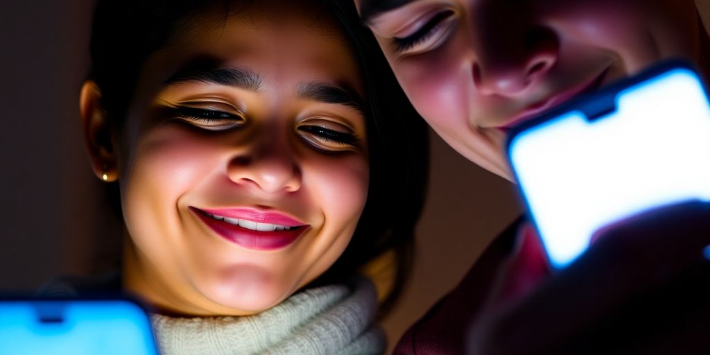 Couple sharing intimate messages on phones