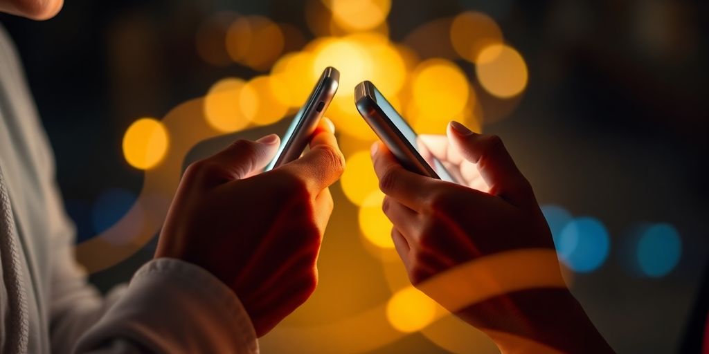 Couple sharing intimate messages on phones.