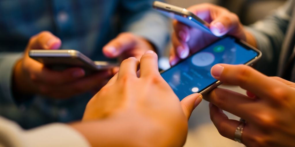 Couple sharing intimate messages on phones.