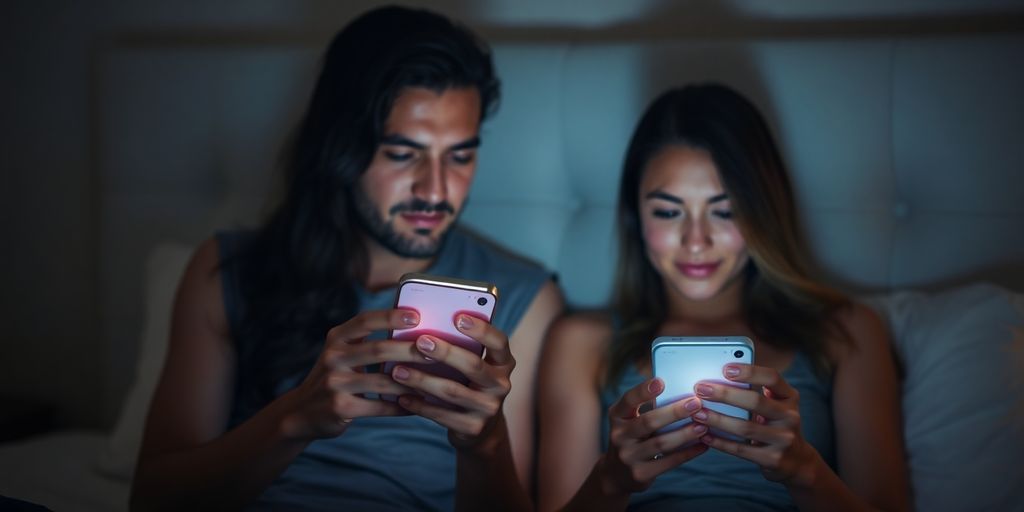 Couple sharing intimate messages on phones, bedroom setting.