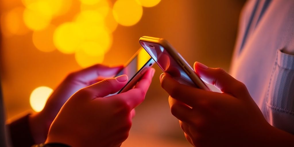 Couple sharing intimate messages on phones.