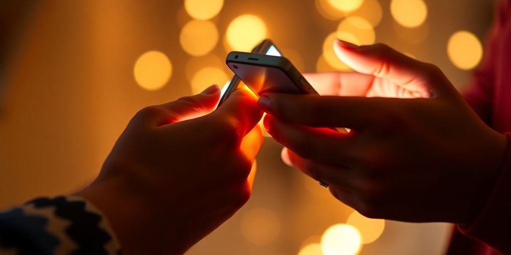 Couple sharing intimate messages on smartphones.