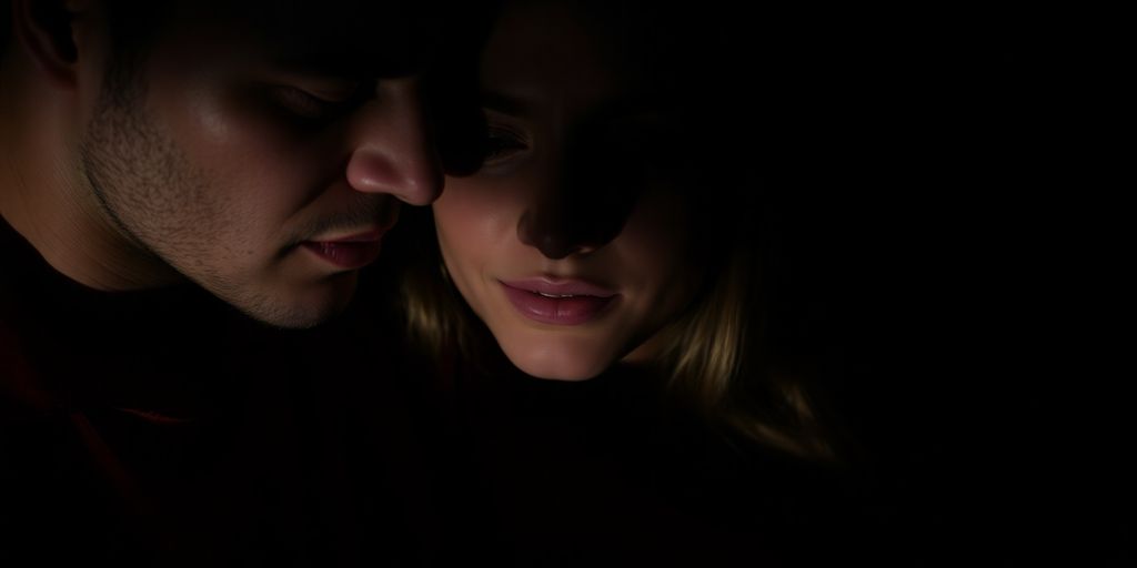 Couple sharing intimate moment, fantasy illustration.