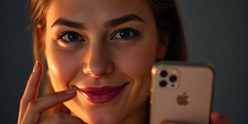 Woman smiling, holding a phone with a soft glow.