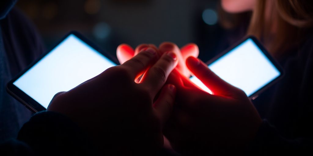 Couple sharing intimate moments with glowing phone screens.