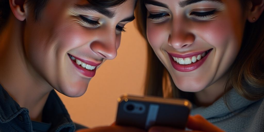 Couple sharing smiles while looking at a phone.