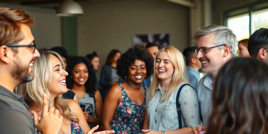 Couple smiling, holding hands, surrounded by friends.