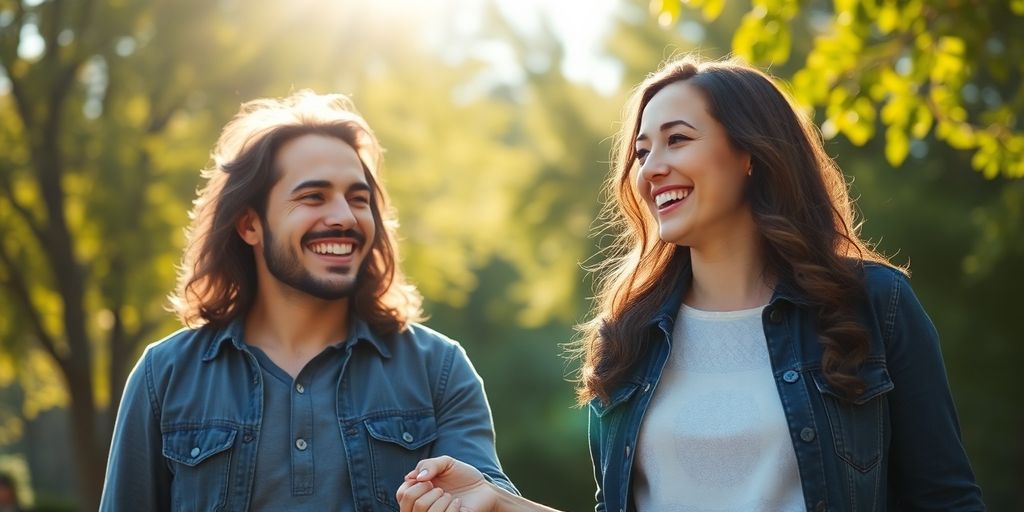 Couple smiling outdoors, holding hands.