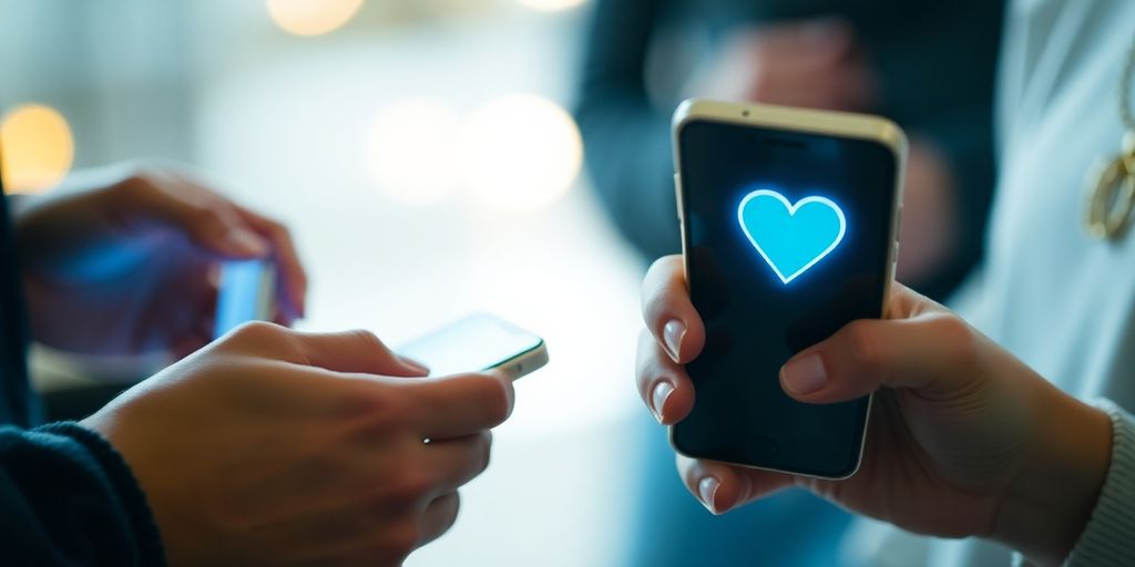 Couple texting happily on phones.