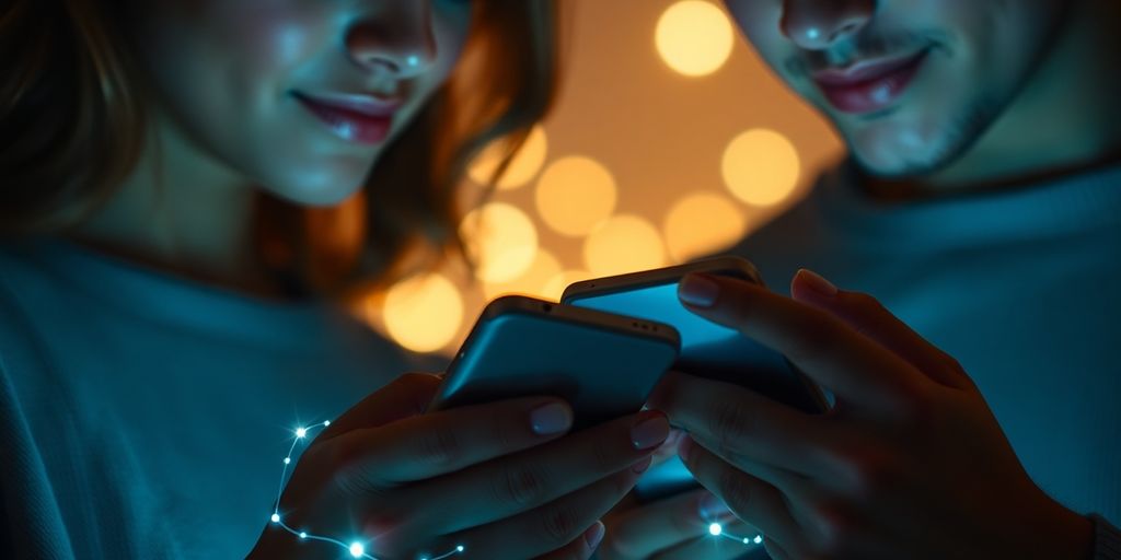 Couple texting on phones, connected by glowing lines.
