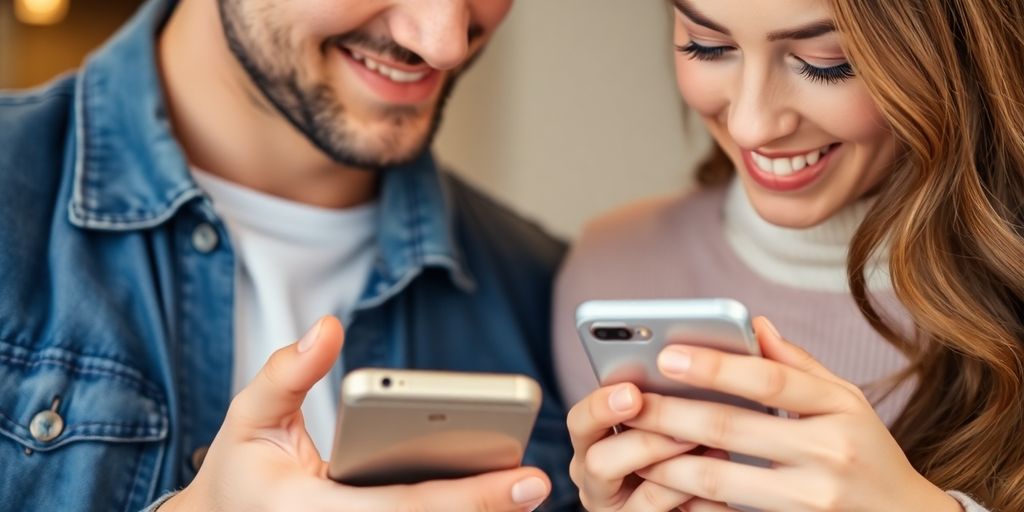 Couple texting, one smiling.