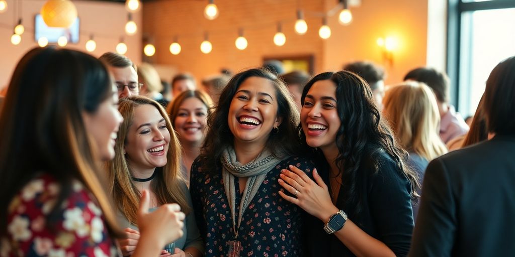 Couple with hands intertwined, diverse group smiling.