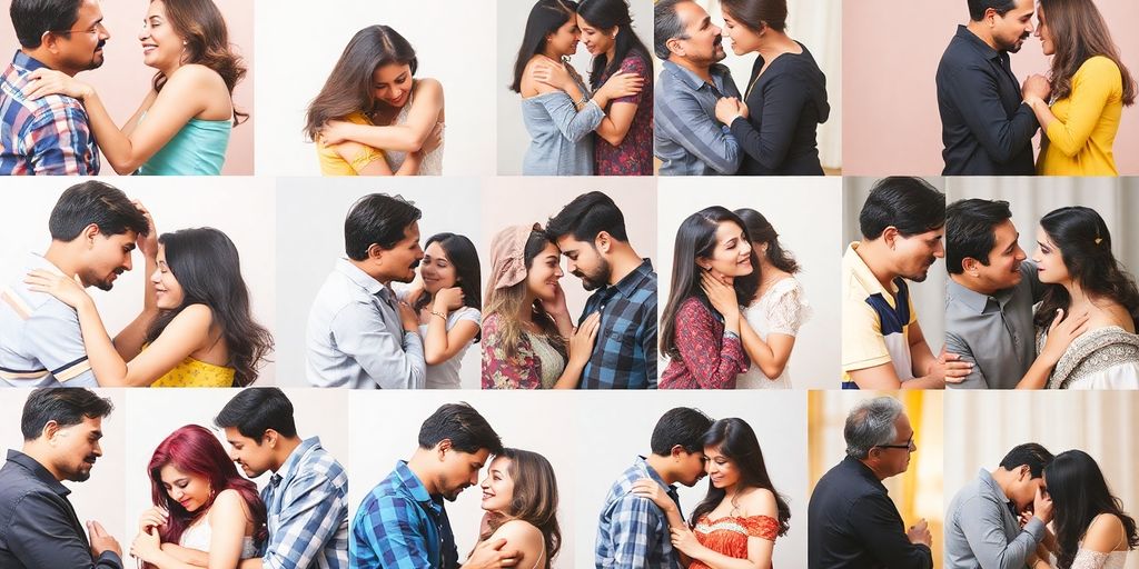 Couples sharing affectionate moments in diverse settings.