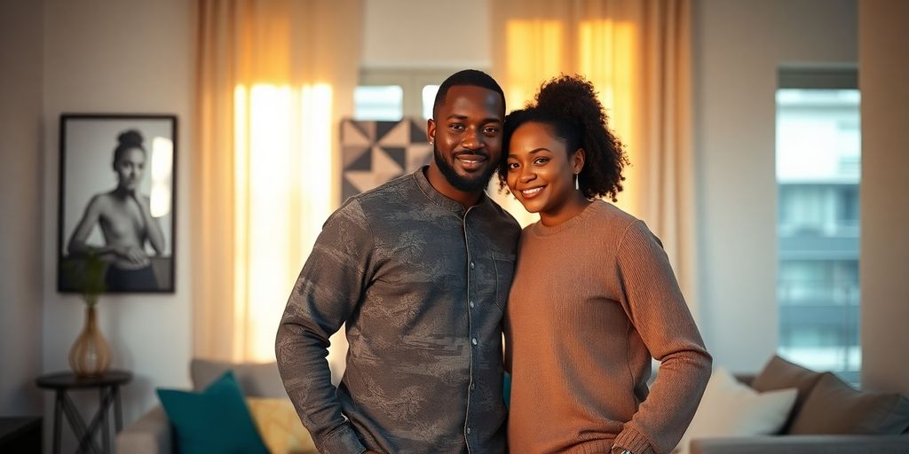 Diverse couple connecting in a sunlit room.