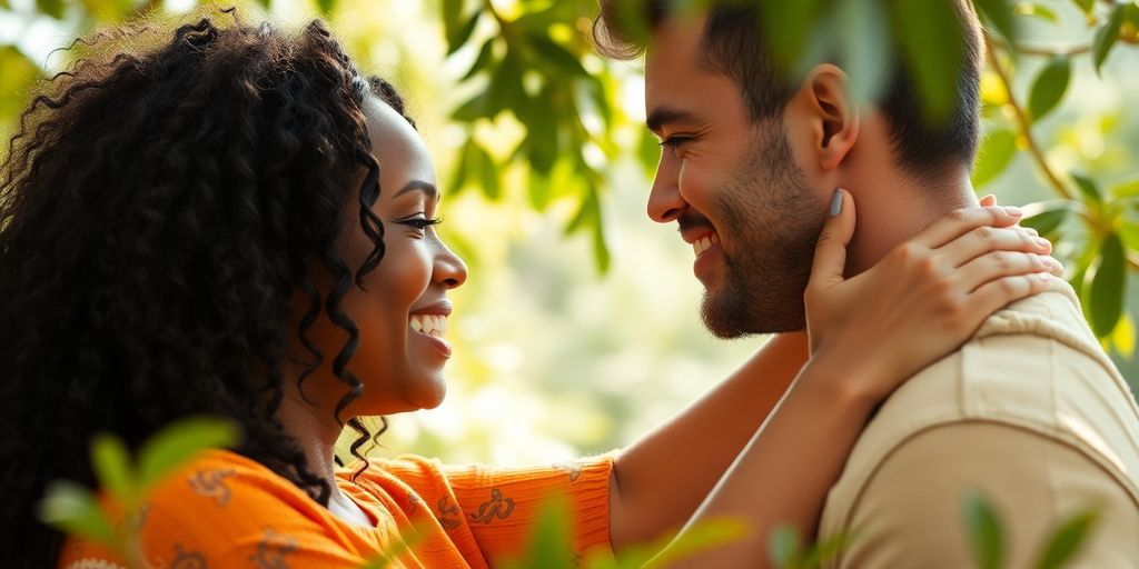 Diverse couple embracing amidst vibrant natural surroundings.