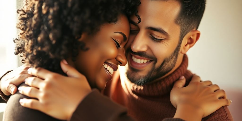 Diverse couple embracing, radiating warmth and connection.