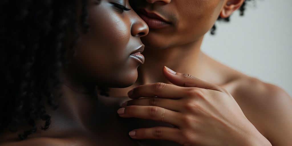 Diverse couple embracing, subtle racial undertones.