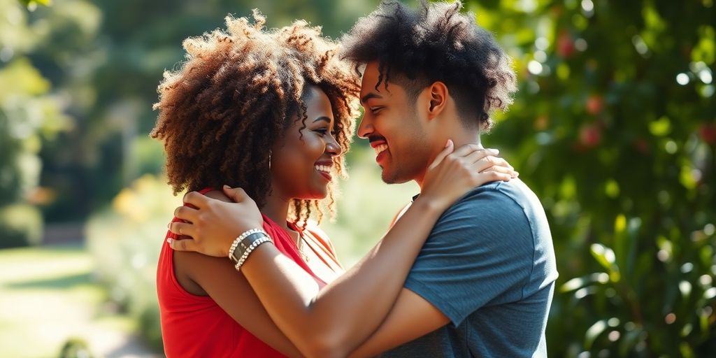 Diverse couple embracing, sunlit garden.