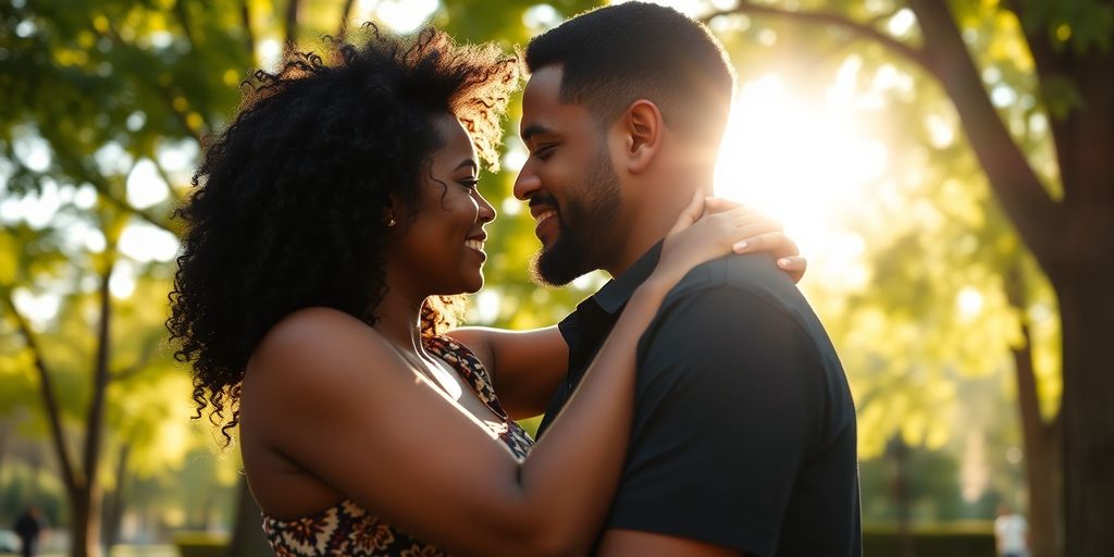 Diverse couple embracing, sunlit park.