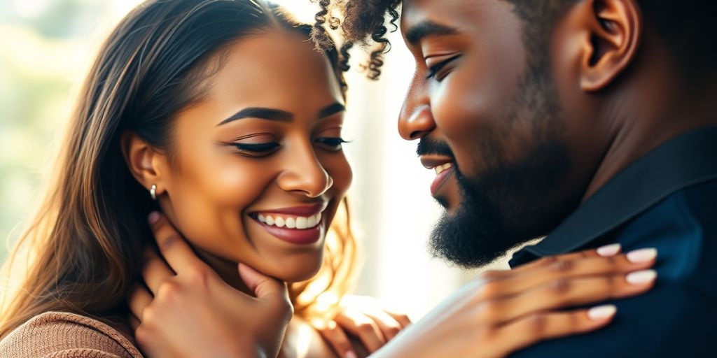 Diverse couple embracing, warm lighting.