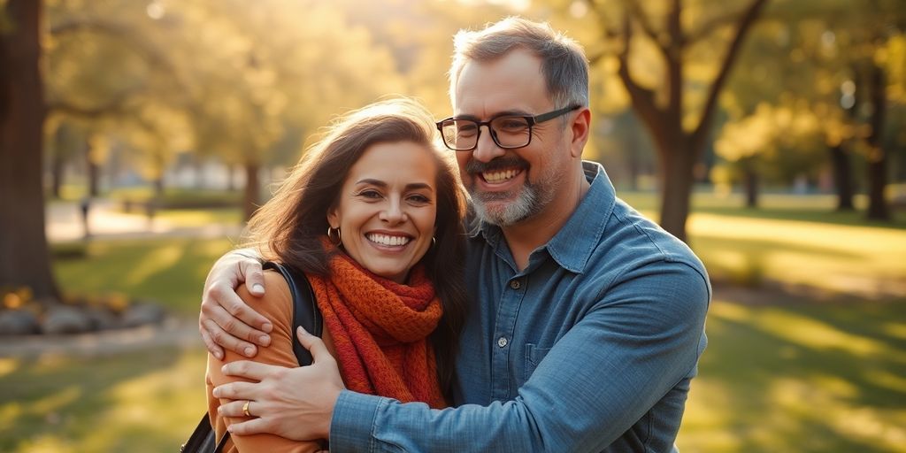 Diverse couple embracing warmly in a sunlit park.